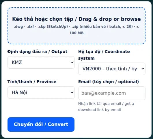 Biểu mẫu DWGtoKMZ: ô kéo thả tệp, chọn định dạng đầu ra và hệ tọa độ VN2000 theo tỉnh